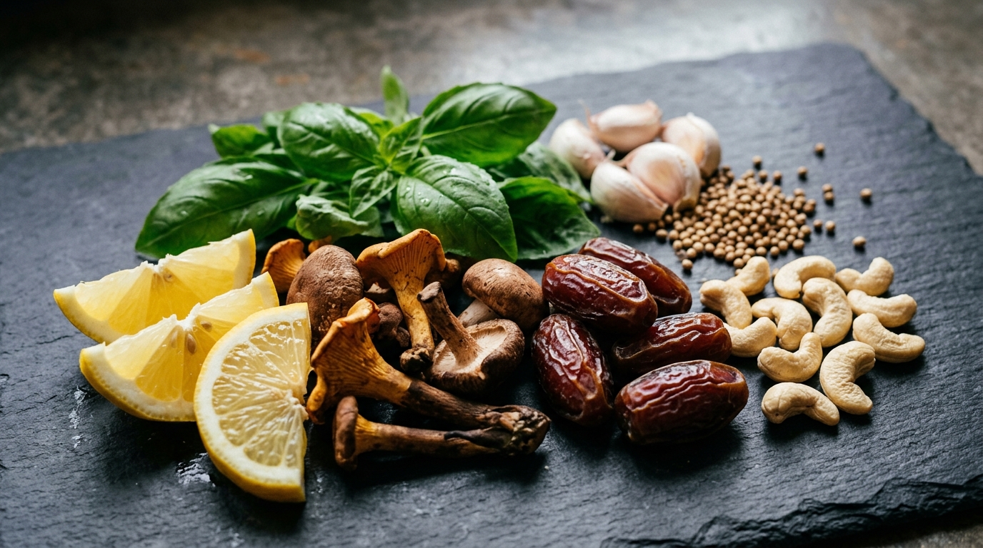 Vibrant WFPB fresh ingredients including lemons, mushrooms, herbs, spices and cashews